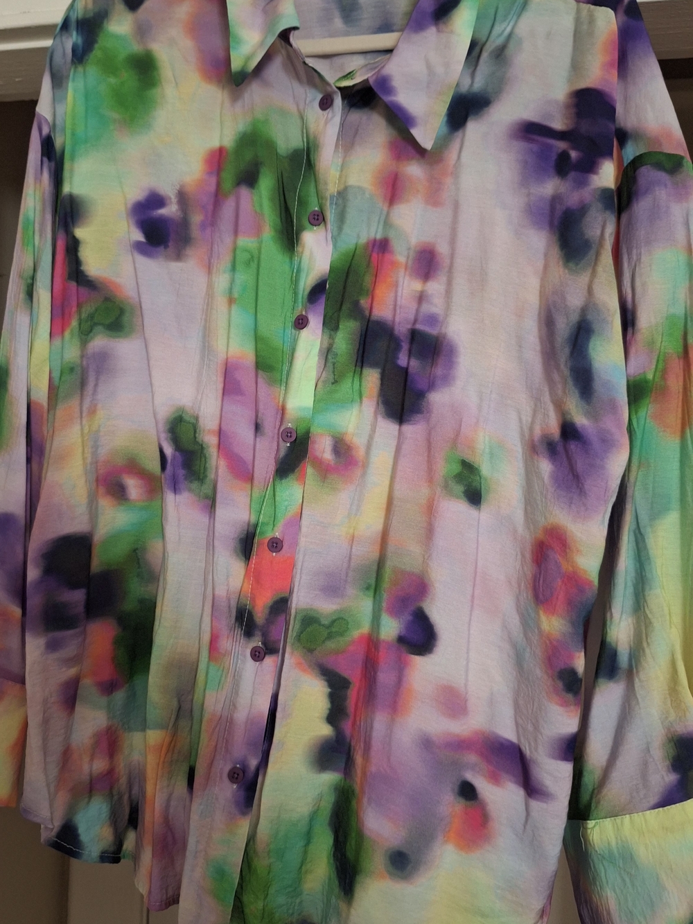 Eloquii Pastel Watercolor Floral Blouse in Purple, Green, Pink - Picture 2 of 5